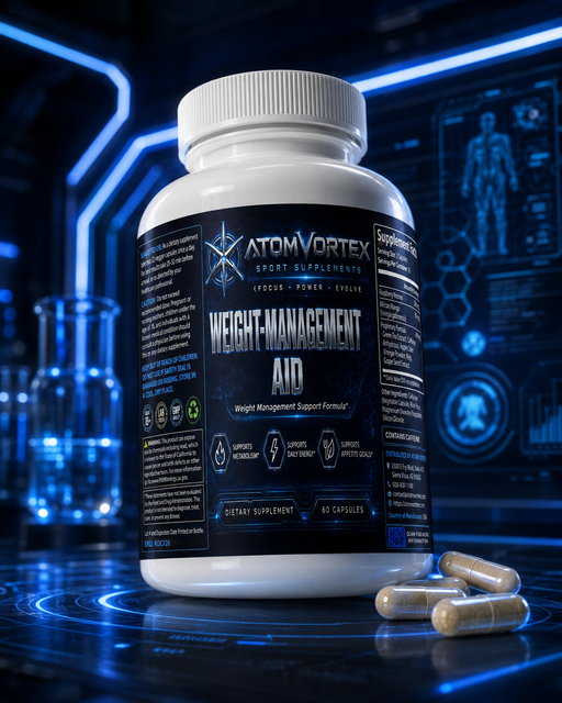AtomVortex weight-management aid supplement bottle with nearby capsules