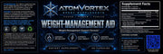 AtomVortex weight-management aid supplement label with Supplement Facts panel