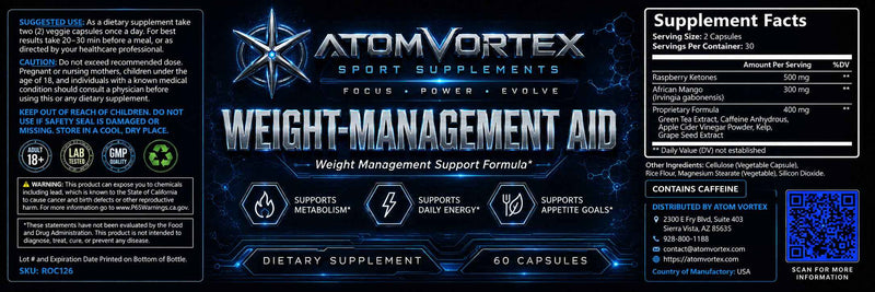 AtomVortex weight-management aid supplement label with Supplement Facts panel