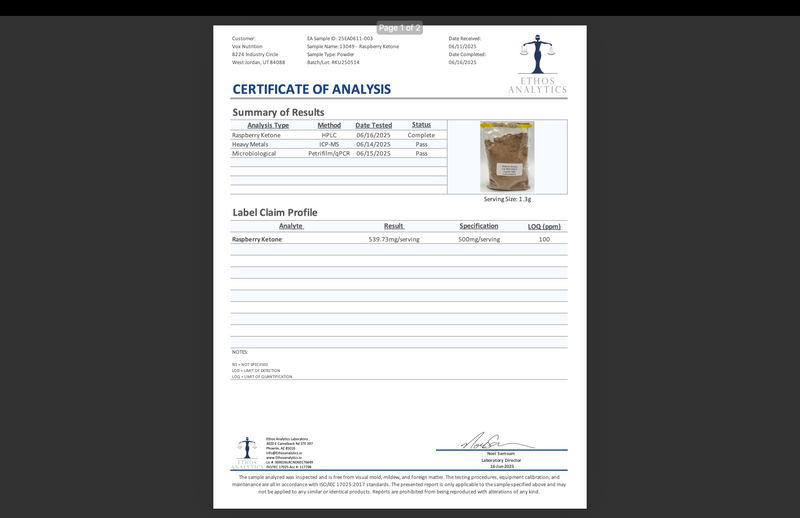 Certificate of Analysis document for weight-management aid supplement