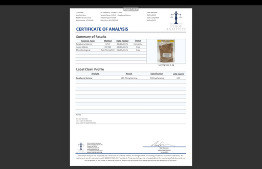 Certificate of Analysis document for weight-management aid supplement