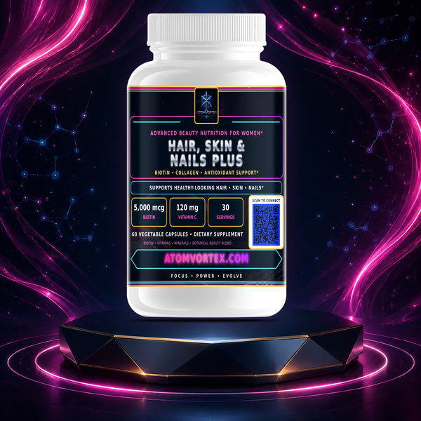 Hair, skin & nails supplement bottle on pedestal, front label with 60 vegetarian capsules.