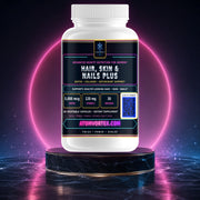 Hair, skin & nails supplement bottle, white with front label and 60 vegetarian capsules.