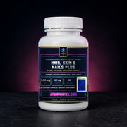 Hair, skin & nails supplement bottle with front label and 60 vegetarian capsules.