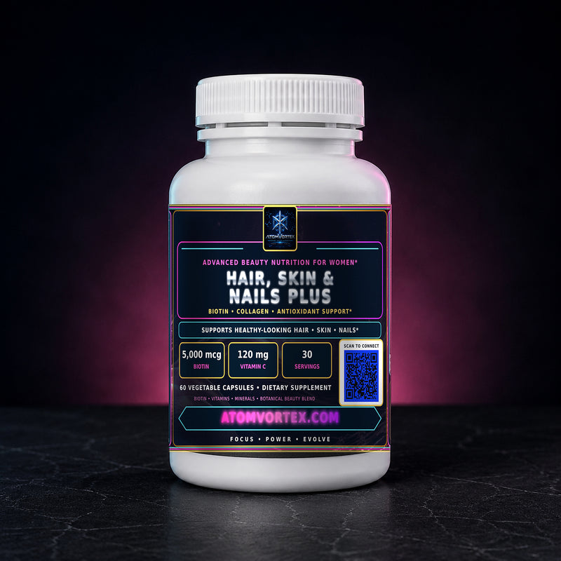 Hair, skin & nails supplement bottle with front label and 60 vegetarian capsules.