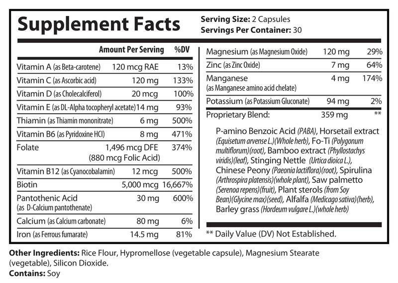 Supplement Facts panel for hair, skin & nails capsules; serving size 2 caps, 30 servings.
