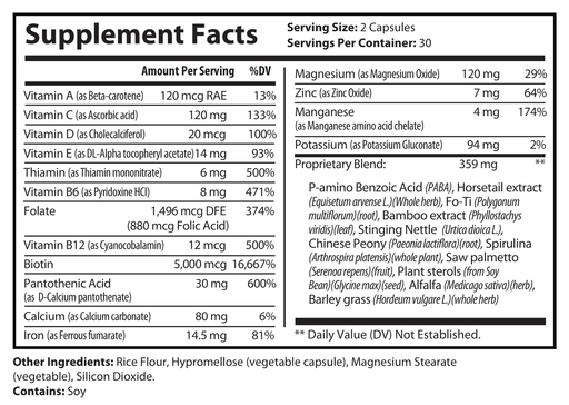 Supplement Facts panel for hair, skin & nails capsules; serving size 2 caps, 30 servings.