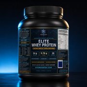 Whey protein powder tub showing ingredient and nutrition facts on back label