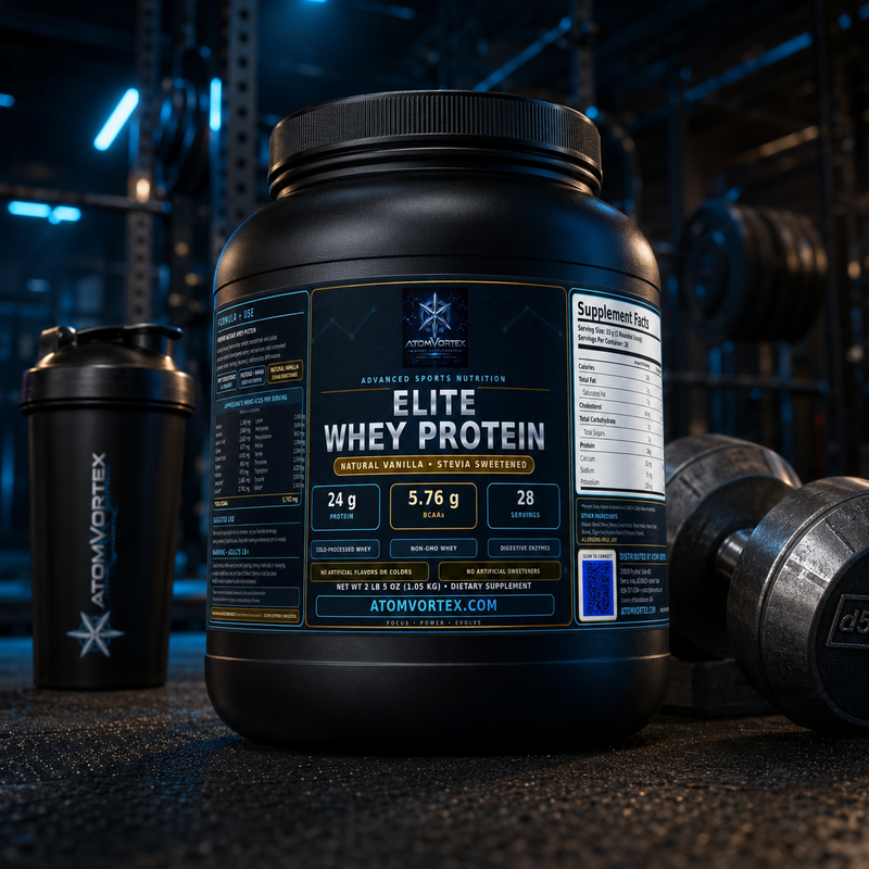 Whey protein powder tub with black lid, standing on gym bench with shaker nearby