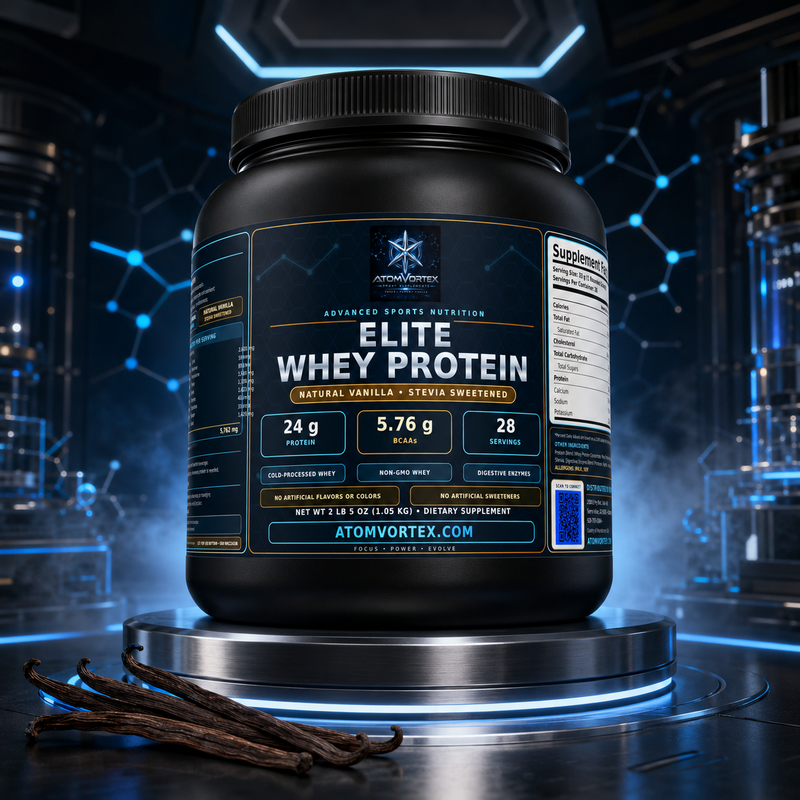Whey protein powder tub with black lid and front label, 24 g protein per serving