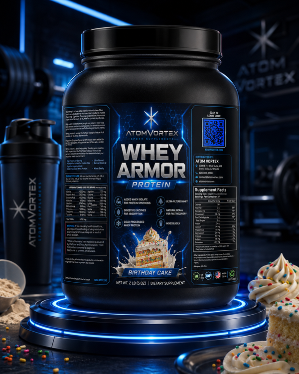 AtomVortex Whey Armor Birthday Cake protein bottle on blue display base, black jar