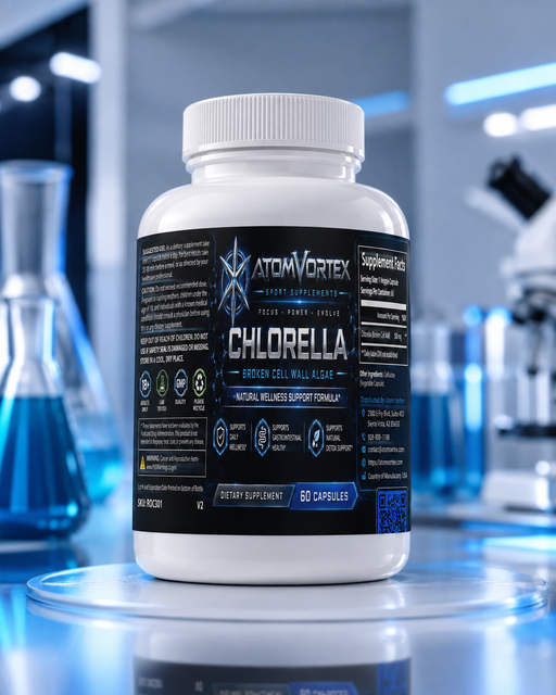 Chlorella supplement bottle with white cap and AtomVortex label on reflective surface