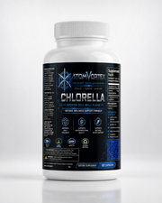 Chlorella supplement bottle with white cap and AtomVortex blue-black label