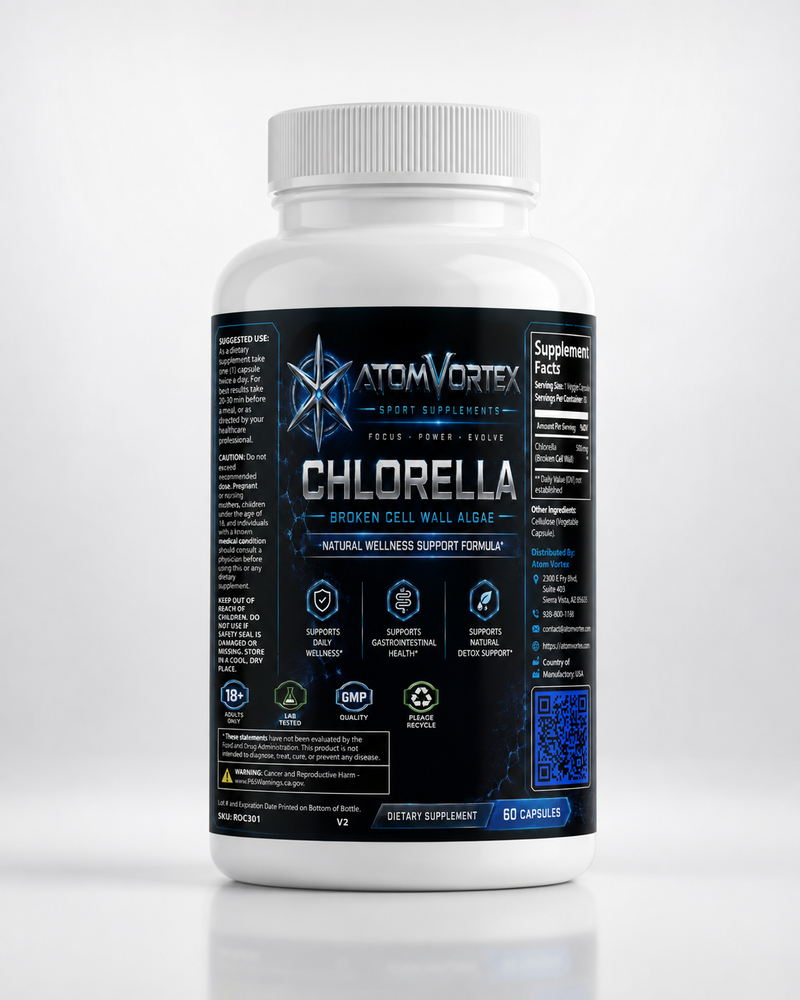 Chlorella supplement bottle with white cap and AtomVortex blue-black label