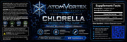 Chlorella supplement label panel with AtomVortex branding and Supplement Facts