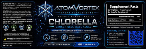 Chlorella supplement label panel with AtomVortex branding and Supplement Facts
