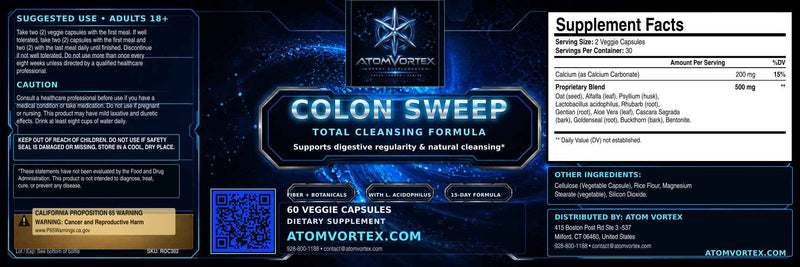 Dietary supplement label panels for ATOM VORTEX Colon Sweep, with supplement facts