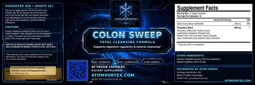 Dietary supplement label panels for ATOM VORTEX Colon Sweep, with supplement facts