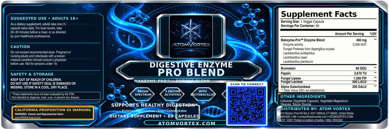Digestive enzyme supplement package with Supplement Facts serving information panel