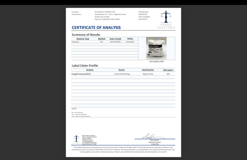 Certificate of Analysis for digestive enzyme supplement bottle, summary results document