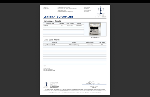 Certificate of Analysis for digestive enzyme supplement bottle, summary results document