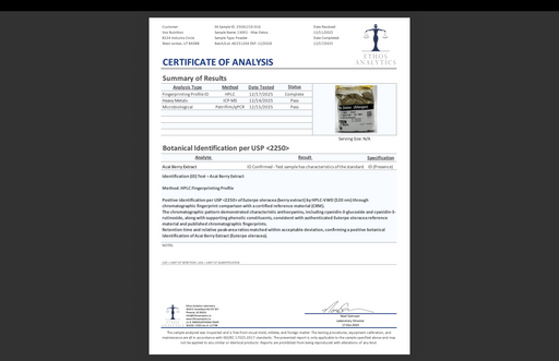 Certificate of Analysis for MAX DETOX ACAI BERRY COMPLEX