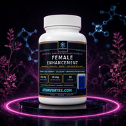 AtomVortex Female Enhancement supplement bottle on round base, front label visible