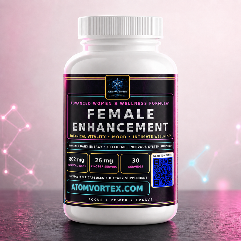 Atom Vortex female enhancement supplement bottle with front label and dosage details