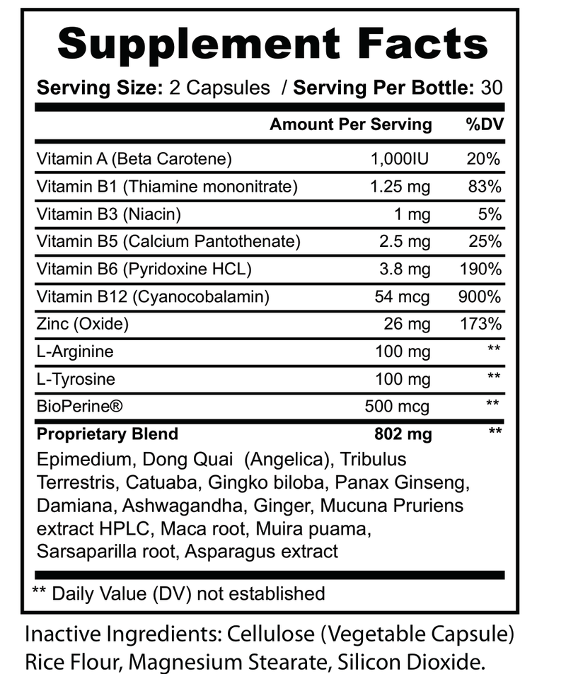 Supplement facts panel listing vitamins, zinc, L-arginine and L-tyrosine on label