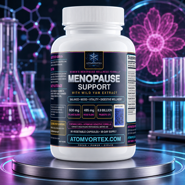 Menopause support supplement bottle with wild yam extract, front label, white body and pink cap