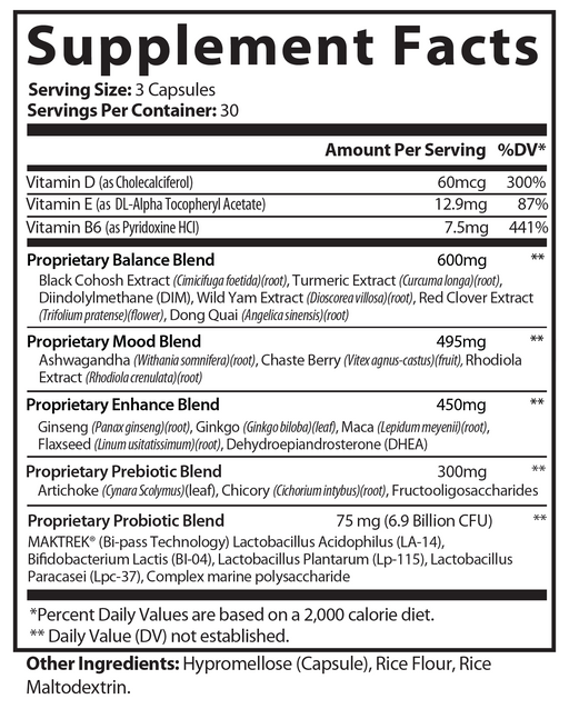 Menopause support supplement facts panel for wild yam extract, 3 capsules per serving