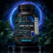 Black supplement bottle with blue label reading Horny Goat Weed Extract Formula, 60 capsules