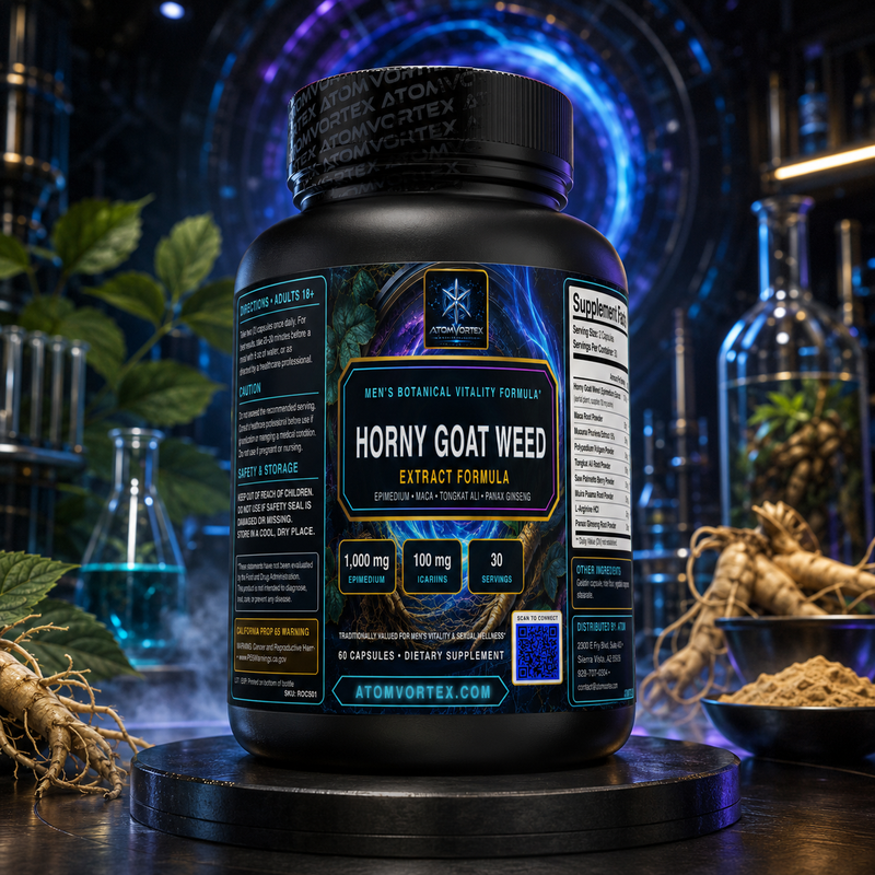Horny goat weed extract formula supplement bottle, black with blue label, 60 capsules