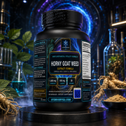 Black supplement extract bottle with ribbed cap on pedestal with herbs in view