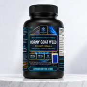 Black dietary supplement bottle with blue label for horny goat weed extract formula, 60 capsules