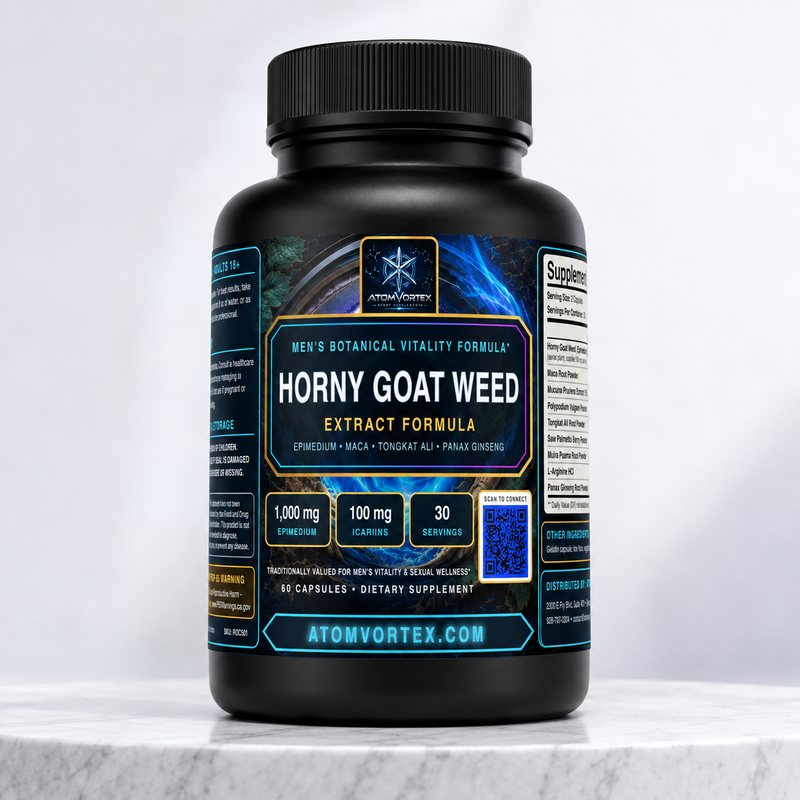 Black dietary supplement bottle with blue label for horny goat weed extract formula, 60 capsules