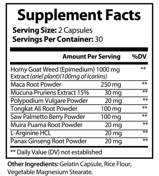 Supplement Facts label with serving size 2 capsules and ingredient amounts