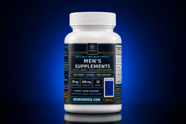 White supplement bottle with blue label, men’s formula front view