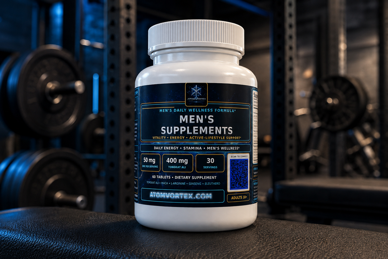 White supplement bottle with blue label, placed on gym floor
