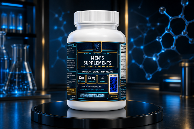 White supplement bottle with blue label, shown on round pedestal