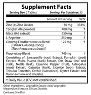 Supplement Facts label with serving size 2 tablets and zinc, tongkat ali, maca, arginine
