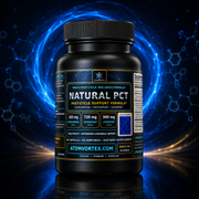 Black supplement bottle with ribbed cap, yellow label showing post-cycle support formula.