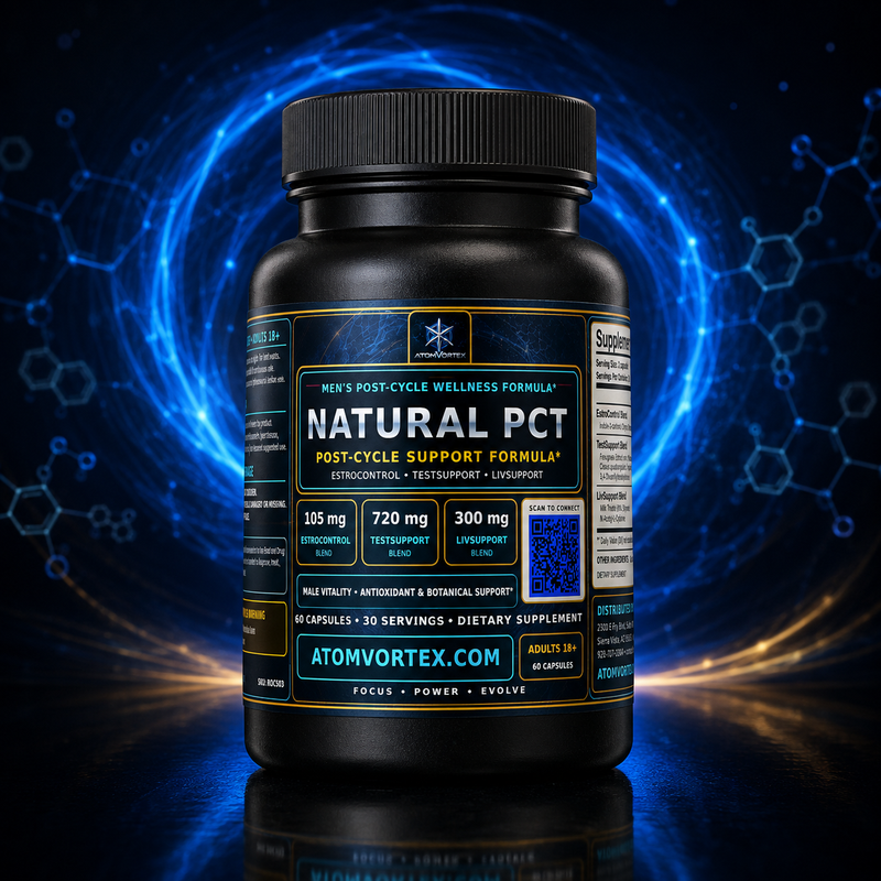 Black supplement bottle with ribbed cap, yellow label showing post-cycle support formula.