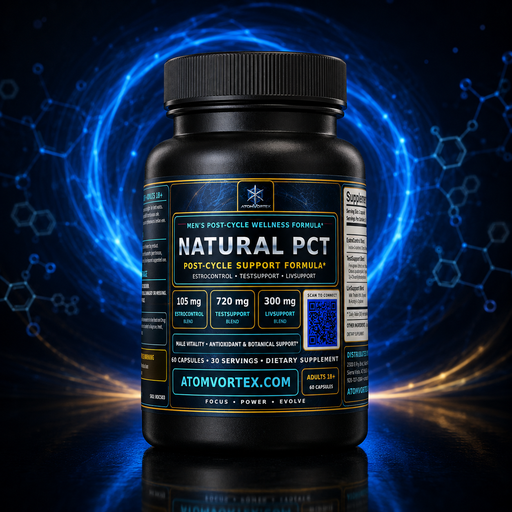 Black supplement bottle with ribbed cap, yellow label showing post-cycle support formula.