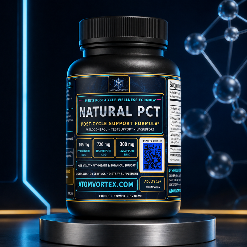 Black supplement bottle with ribbed cap and yellow label for Natural PCT formula.