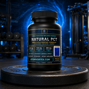 Black supplement bottle with ribbed cap on round stand, yellow label and PCT formula.