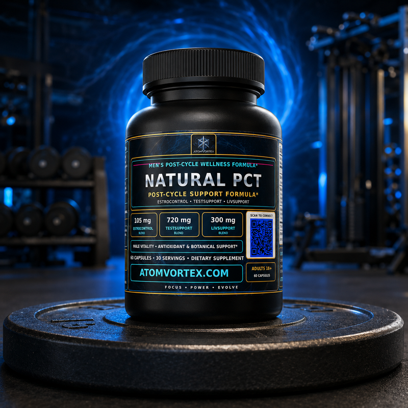 Black supplement bottle with ribbed cap on round stand, yellow label and PCT formula.
