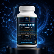 Atom Vortex prostate formula supplement bottle, white with blue label and cap