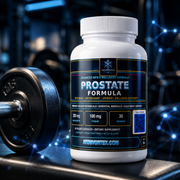 Prostate formula supplement bottle with blue Atom Vortex label on dark surface