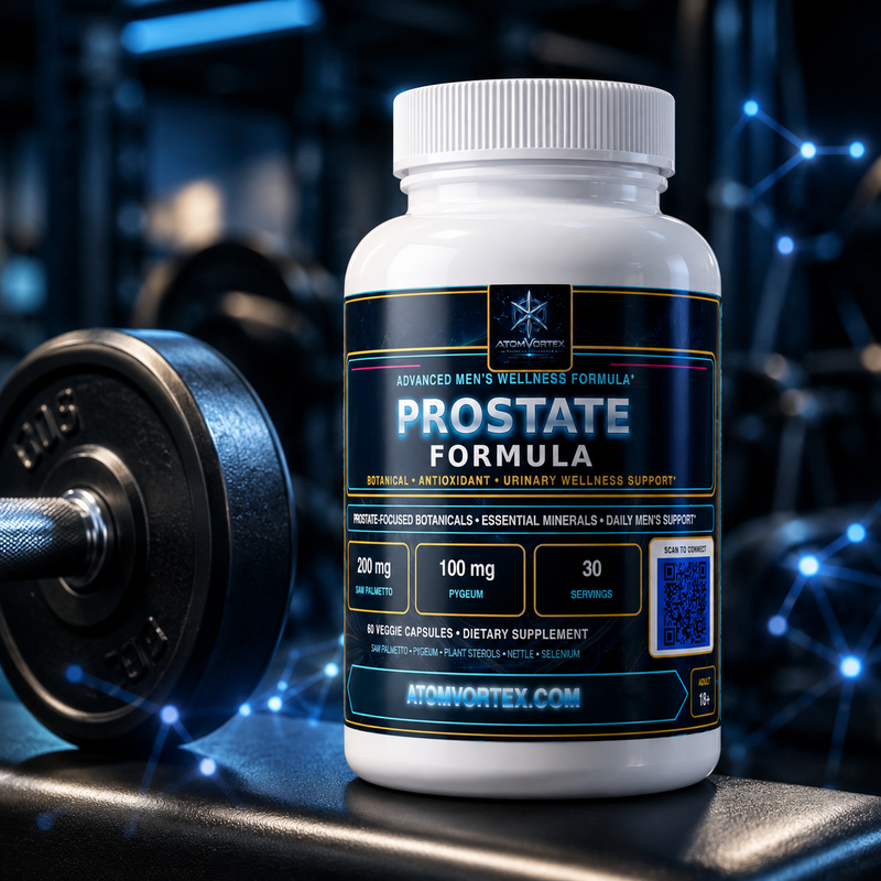 Prostate formula supplement bottle with blue Atom Vortex label on dark surface